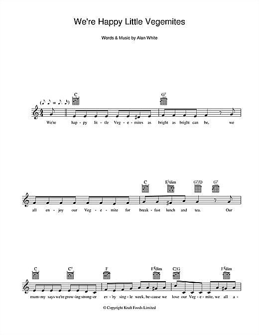Learn to play Alan White We're Happy Little Vegemites sheet music for Melody Line, Lyrics & Chords in minutes. Alan White We're Happy Little Vegemites sheet music preview music notes and score for Melody Line, Lyrics & Chords including 2 page(s)