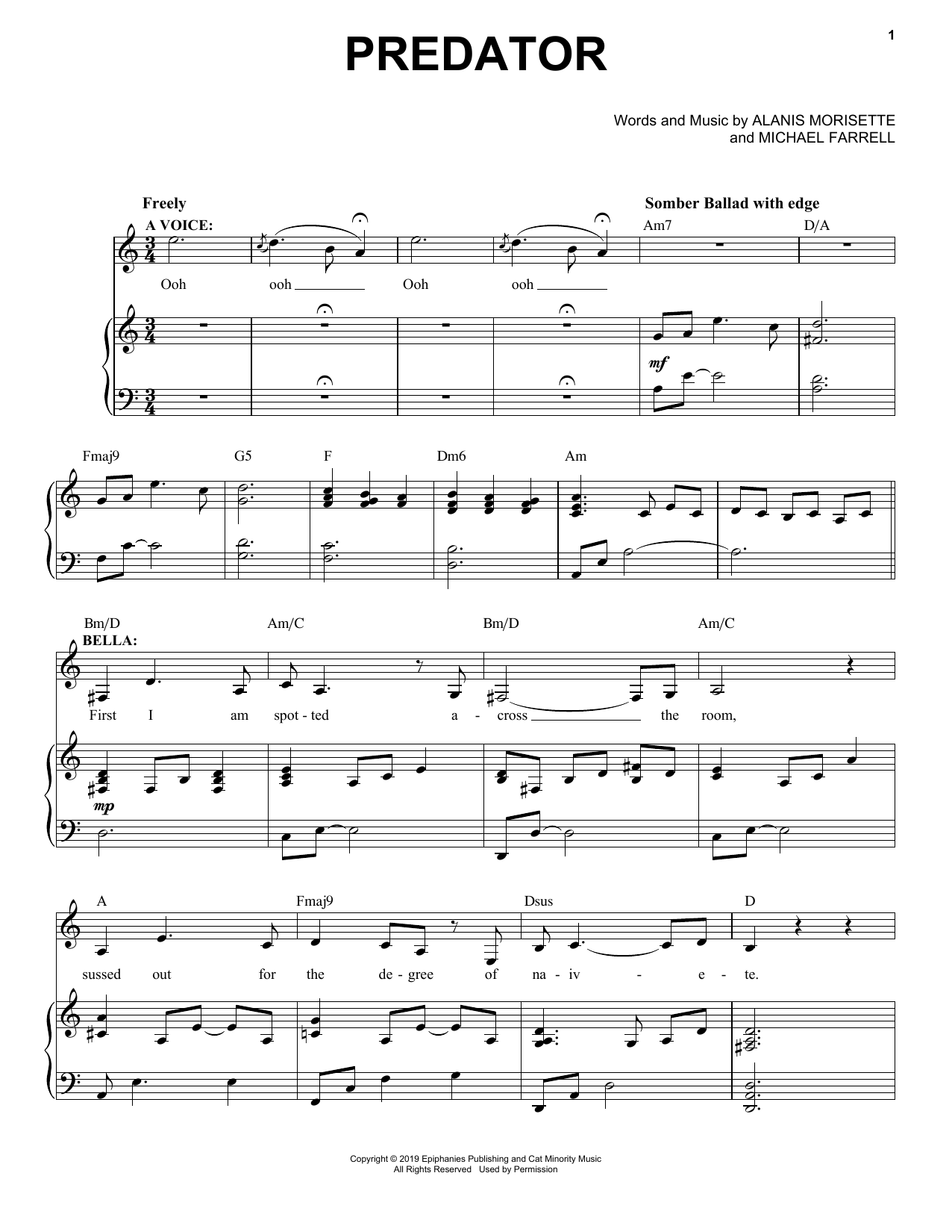 Alanis Morissette Predator (from Jagged Little Pill The Musical) sheet music, chords, lyrics - Printable PDF for Piano & Vocal