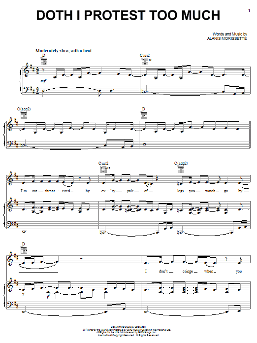 Learn to play Alanis Morissette Doth I Protest Too Much sheet music for Piano, Vocal & Guitar (Right-Hand Melody) in minutes. Alanis Morissette Doth I Protest Too Much sheet music notes and chords