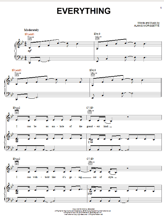Learn to play Alanis Morissette Everything sheet music for Piano, Vocal & Guitar (Right-Hand Melody) in minutes. Alanis Morissette Everything sheet music preview music notes and score for Piano, Vocal & Guitar (Right-Hand Melody) including 6 page(s)