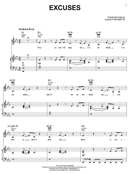Learn to play Alanis Morissette Excuses sheet music for Piano, Vocal & Guitar (Right-Hand Melody) in minutes. Alanis Morissette Excuses sheet music preview music notes and score for Piano, Vocal & Guitar (Right-Hand Melody) including 6 page(s)