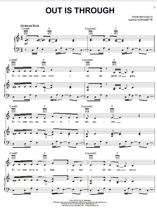 Learn to play Alanis Morissette Out Is Through sheet music for Piano, Vocal & Guitar (Right-Hand Melody) in minutes. Alanis Morissette Out Is Through sheet music preview music notes and score for Piano, Vocal & Guitar (Right-Hand Melody) including 8 page(s)