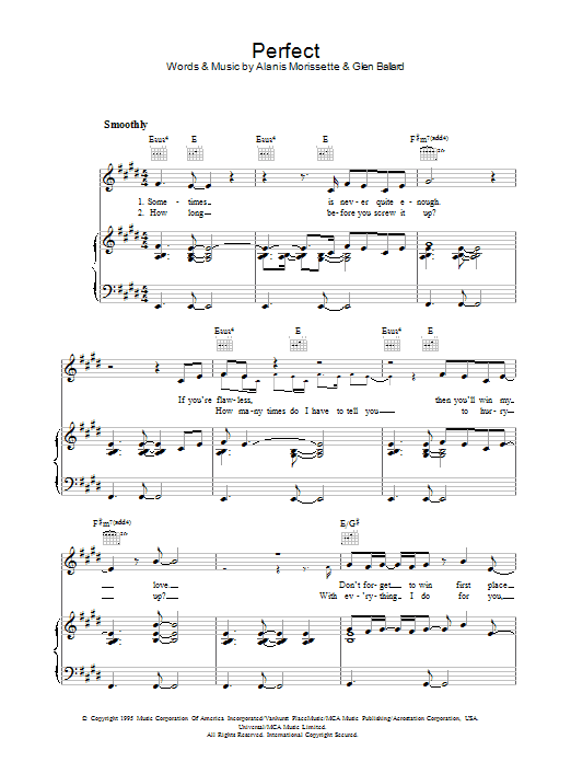 Alanis Morissette Perfect sheet music preview music notes and score for Piano, Vocal & Guitar (Right-Hand Melody) including 4 page(s)