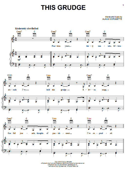 Learn to play Alanis Morissette This Grudge sheet music for Piano, Vocal & Guitar (Right-Hand Melody) in minutes. Alanis Morissette This Grudge sheet music preview music notes and score for Piano, Vocal & Guitar (Right-Hand Melody) including 6 page(s)