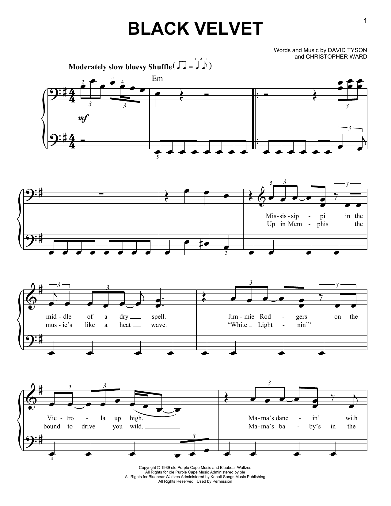 Learn to play Alannah Myles Black Velvet sheet music for Piano, Vocal & Guitar (Right-Hand Melody) in minutes. Alannah Myles Black Velvet sheet music preview music notes and score for Piano, Vocal & Guitar (Right-Hand Melody) including 8 page(s)