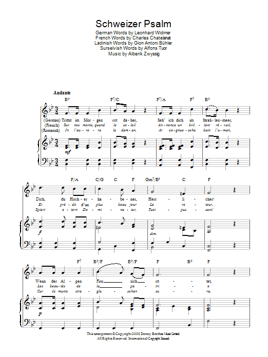 Learn to play Alberik Zwyssig Schweizer Psalm (Swiss National Anthem) sheet music for Piano, Vocal & Guitar (Right-Hand Melody) in minutes. Alberik Zwyssig Schweizer Psalm (Swiss National Anthem) sheet music preview music notes and score for Piano, Vocal & Guitar (Right-Hand Melody) including 2 page(s)