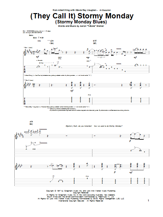 Albert King & Stevie Ray Vaughan (They Call It) Stormy Monday (Stormy Monday Blues) sheet music, chords, lyrics - Printable PDF for Guitar Tab