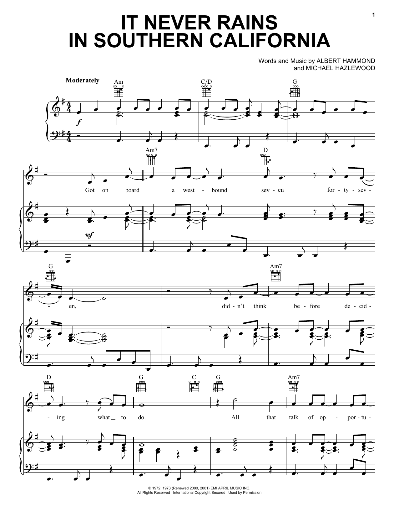 Learn to play Albert Hammond It Never Rains In Southern California sheet music for Piano, Vocal & Guitar (Right-Hand Melody) in minutes. Albert Hammond It Never Rains In Southern California sheet music notes and chords