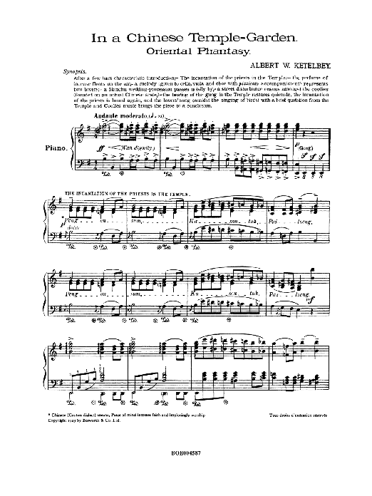 Learn to play Albert Ketelbey In A Chinese Temple-Garden (Oriental Phantasy) sheet music for Piano in minutes. Albert Ketelbey In A Chinese Temple-Garden (Oriental Phantasy) sheet music preview music notes and score for Piano including 7 page(s)