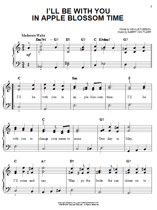 Learn to play Albert Von Tilzer I'll Be With You In Apple Blossom Time sheet music for Easy Piano in minutes. Albert Von Tilzer I'll Be With You In Apple Blossom Time sheet music preview music notes and score for Easy Piano including 2 page(s)