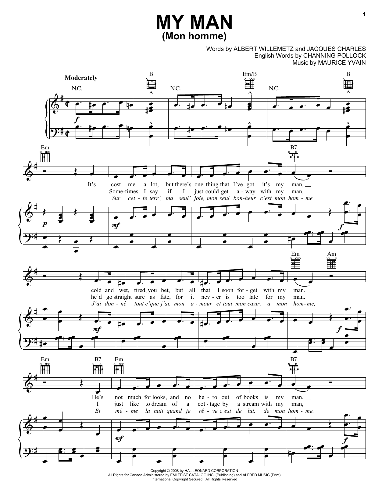 Albert Willemetz My Man (Mon Homme) sheet music preview music notes and score for Piano, Vocal & Guitar (Right-Hand Melody) including 3 page(s)