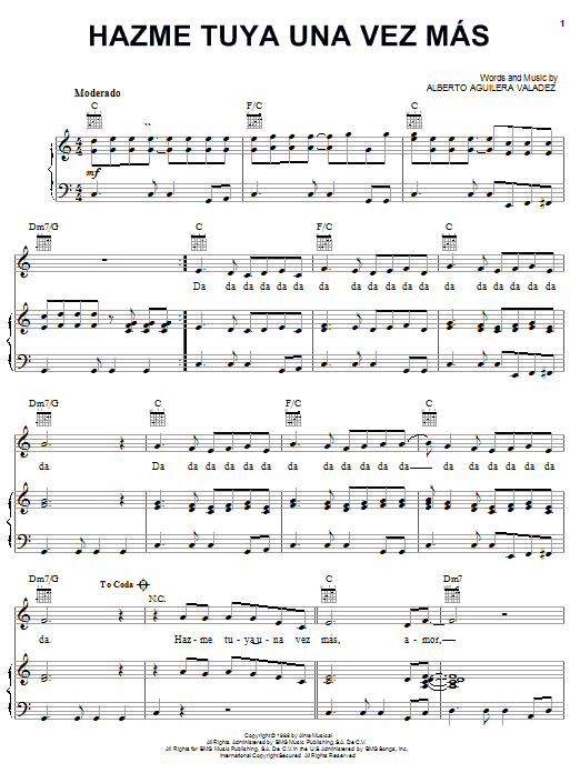 Learn to play Alberto Aguilera Valadez Hazme Tuya Una Vez Mas sheet music for Piano, Vocal & Guitar (Right-Hand Melody) in minutes. Alberto Aguilera Valadez Hazme Tuya Una Vez Mas sheet music notes and chords