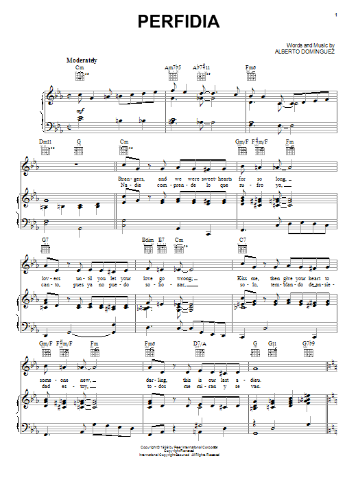 Learn to play Alberto Dominguez Perfidia sheet music for Piano, Vocal & Guitar (Right-Hand Melody) in minutes. Alberto Dominguez Perfidia sheet music notes and chords