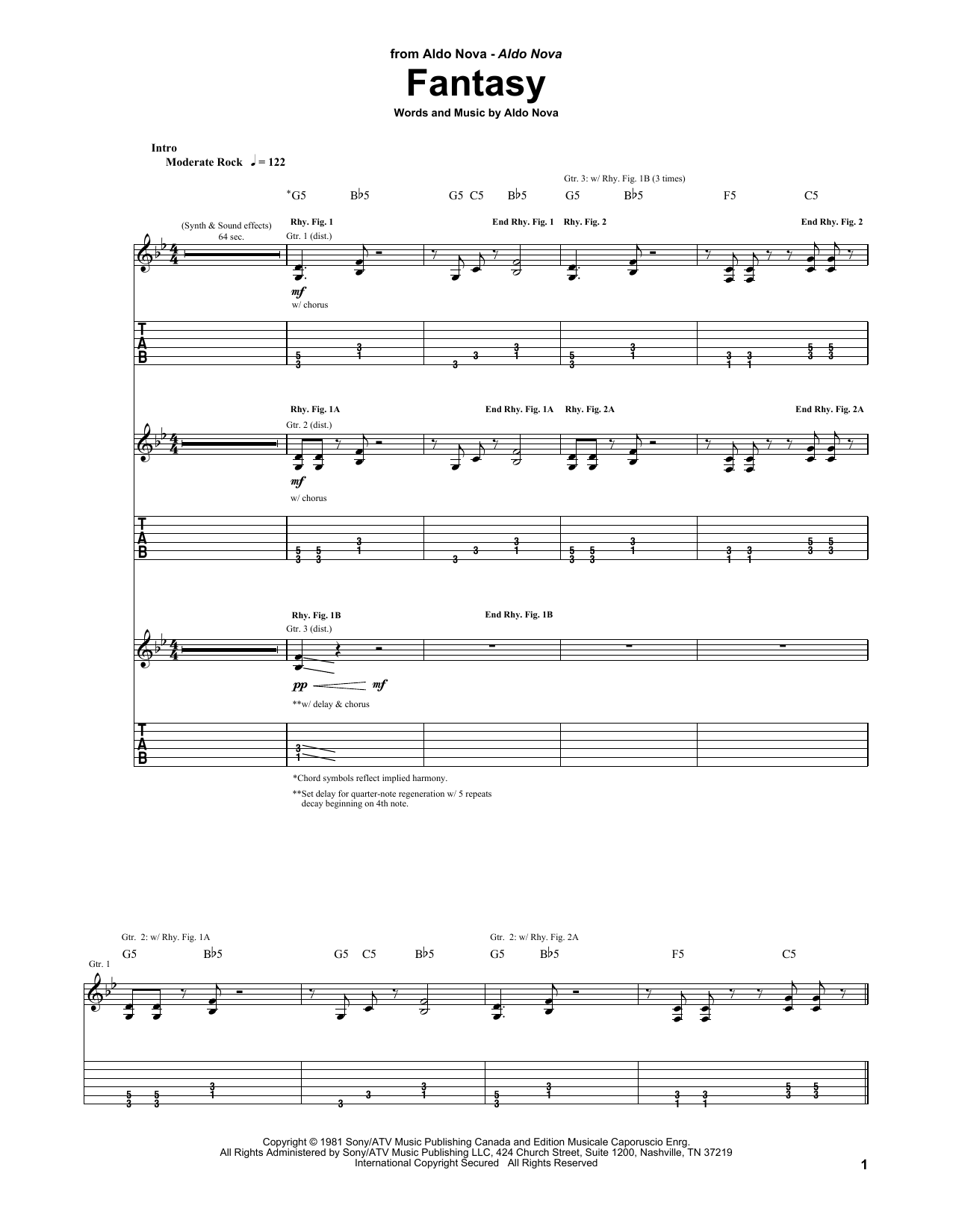 Learn to play Aldo Nova Fantasy sheet music for Guitar Tab in minutes. Aldo Nova Fantasy sheet music preview music notes and score for Guitar Tab including 7 page(s)