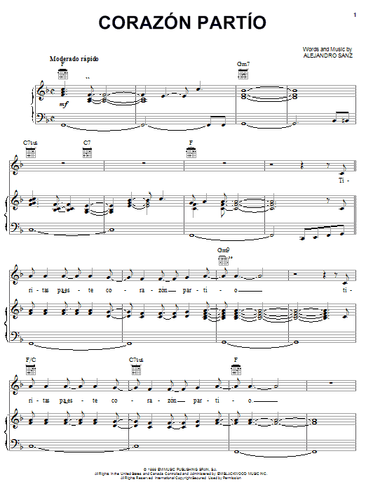 Learn to play Alejandro Sanz Corazon Partio sheet music for Piano, Vocal & Guitar (Right-Hand Melody) in minutes. Alejandro Sanz Corazon Partio sheet music notes and chords
