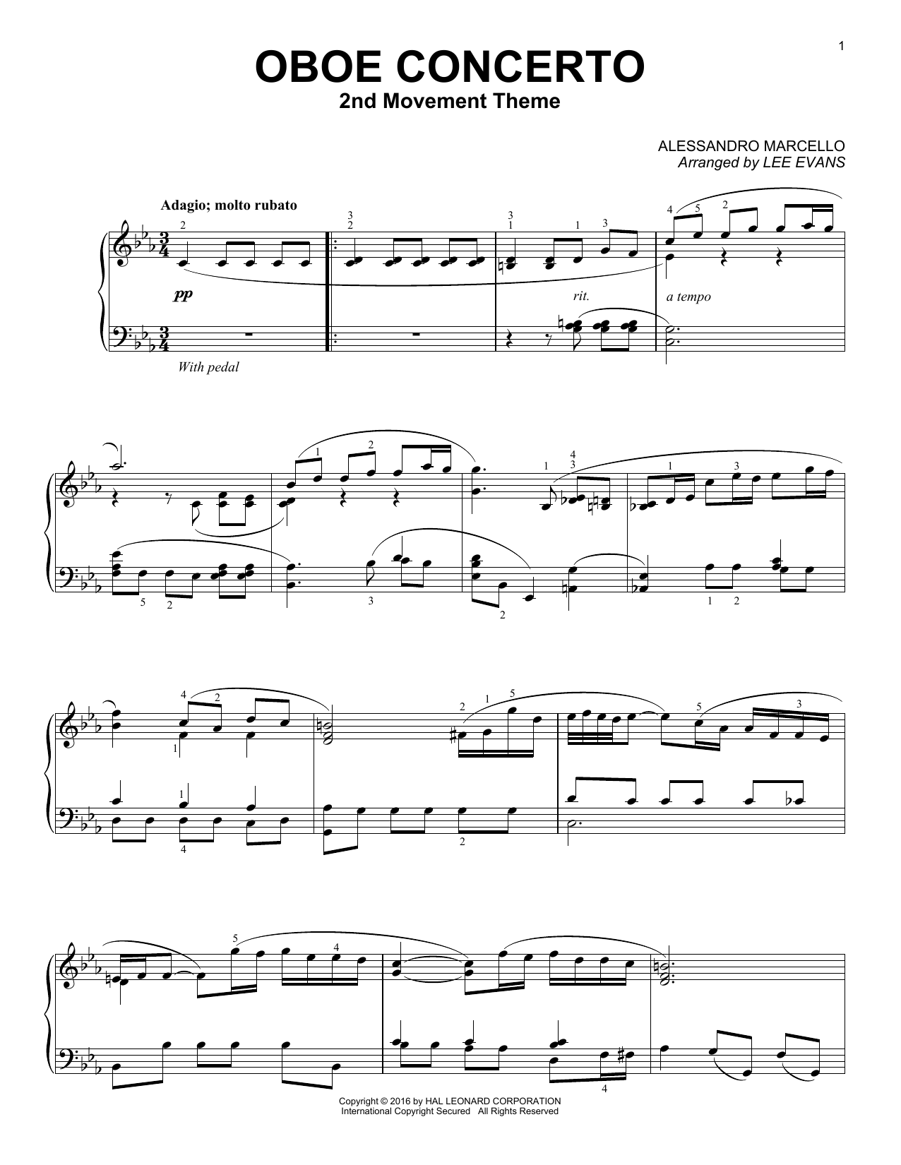 Lee Evans Oboe Concerto In C Minor, 2nd Movement sheet music, chords, lyrics - Printable PDF for Piano