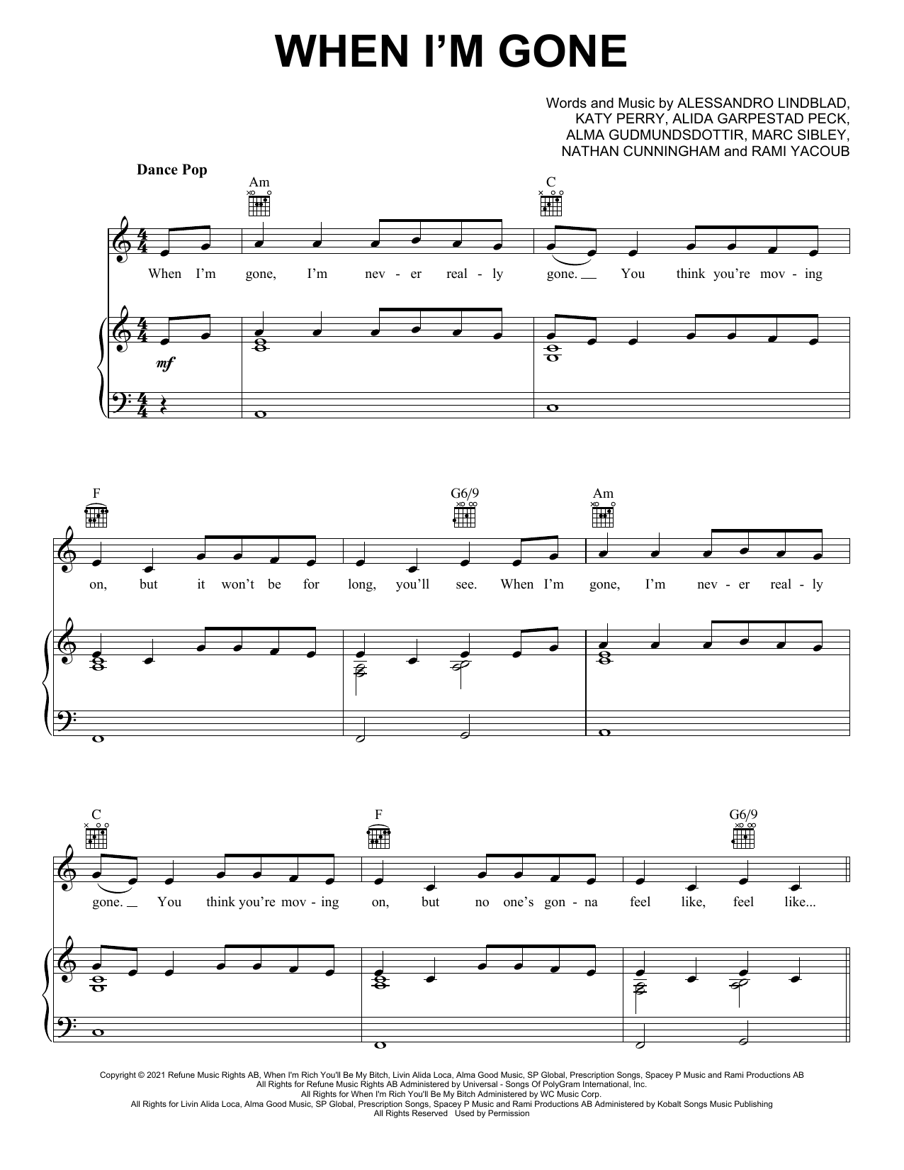 Alesso feat. Katy Perry When I'm Gone sheet music preview music notes and score for Piano, Vocal & Guitar Chords (Right-Hand Melody) including 5 page(s)