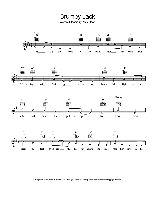 Learn to play Alex Hood Brumby Jack sheet music for Melody Line, Lyrics & Chords in minutes. Alex Hood Brumby Jack sheet music preview music notes and score for Melody Line, Lyrics & Chords including 2 page(s)