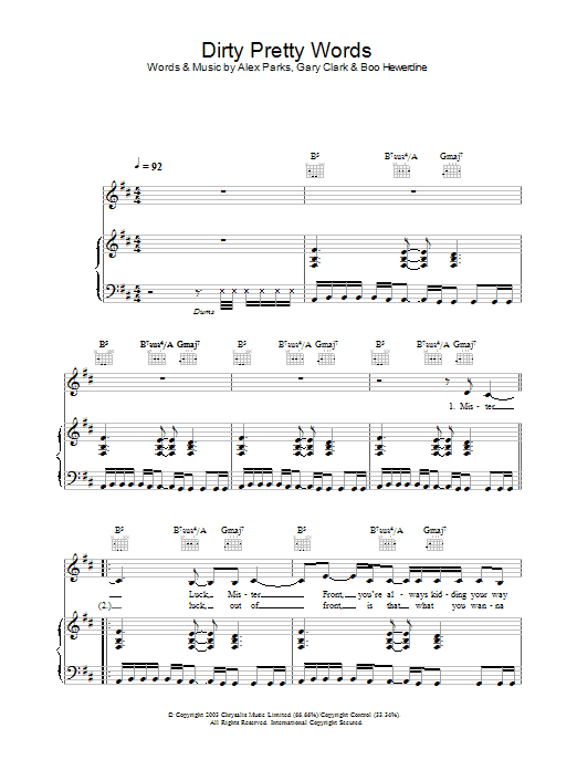 Learn to play Alex Parks Dirty Pretty Words sheet music for Piano, Vocal & Guitar (Right-Hand Melody) in minutes. Alex Parks Dirty Pretty Words sheet music preview music notes and score for Piano, Vocal & Guitar (Right-Hand Melody) including 5 page(s)