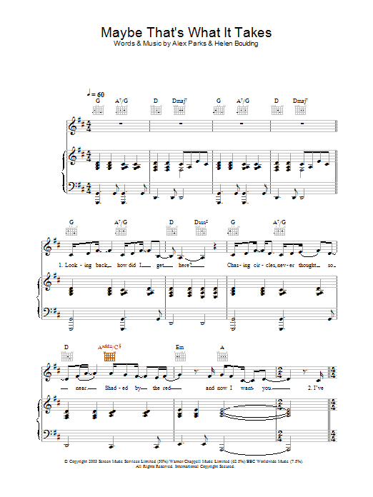 Learn to play Alex Parks Maybe That's What It Takes sheet music for Piano, Vocal & Guitar in minutes. Alex Parks Maybe That's What It Takes sheet music preview music notes and score for Piano, Vocal & Guitar including 5 page(s)