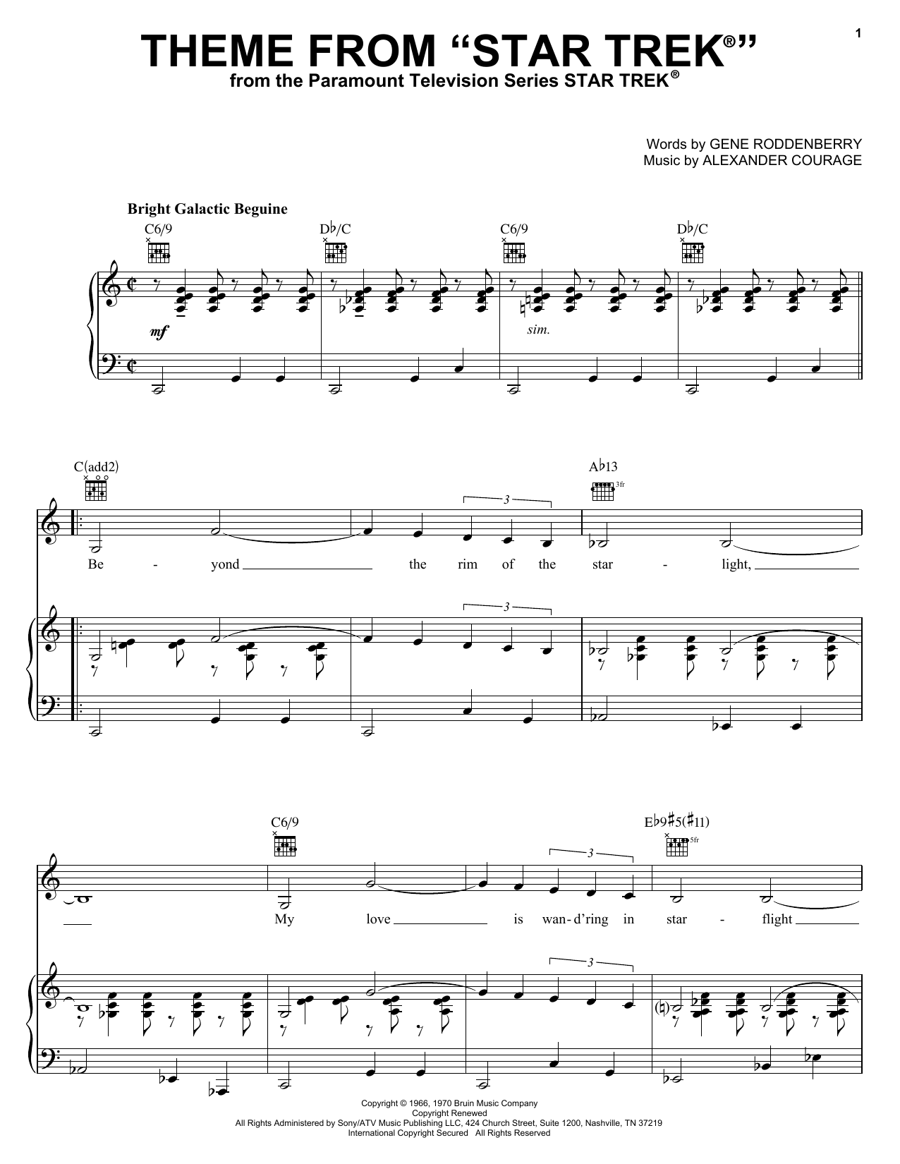 Download Alexander Courage Theme from Star Trek(R) sheet music notes and chords for Piano, Vocal & Guitar (Right-Hand Melody) - Download Printable PDF and start playing in minutes.