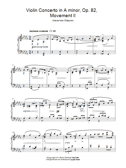 Alexander Glazunov Violin Concerto In A Minor Op. 82, 2nd Movement 'Andante Sostenuto' sheet music, chords, lyrics - Printable PDF for Piano