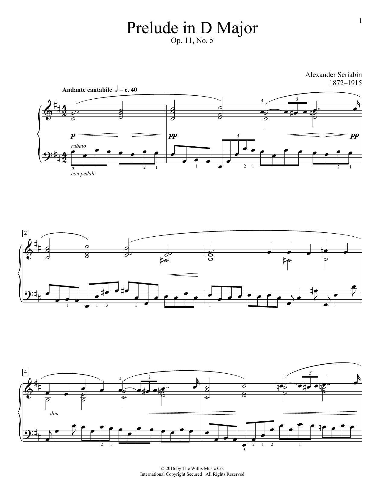 Alexander Scriabin Prelude In D Major, Op. 11, No. 5 sheet music, chords, lyrics - Printable PDF for Educational Piano