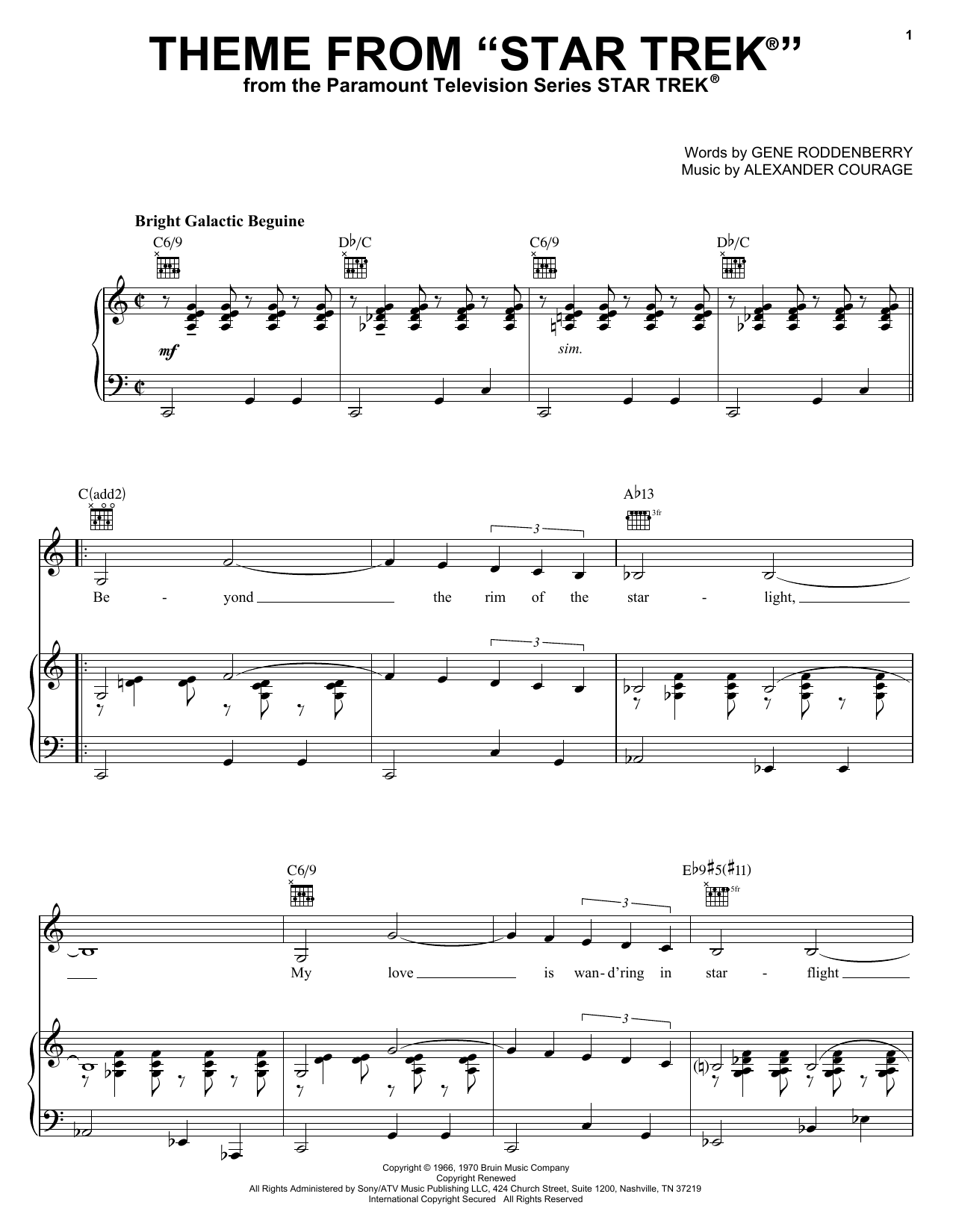 Learn to play Alexander Courage Theme from Star Trek(R) sheet music for Piano, Vocal & Guitar (Right-Hand Melody) in minutes. Alexander Courage Theme from Star Trek(R) sheet music notes and chords