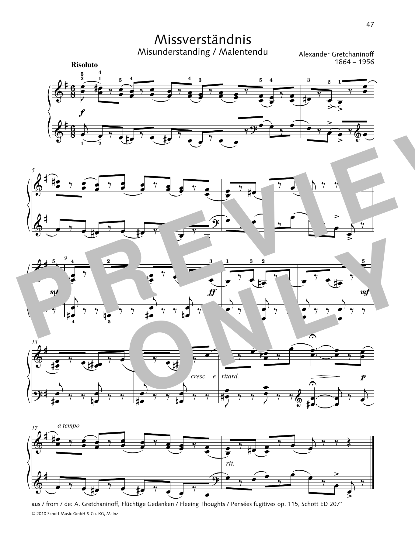 Learn to play Alexander Gretchaninoff Misunderstanding sheet music for Piano Solo in minutes. Alexander Gretchaninoff Misunderstanding sheet music preview music notes and score for Piano Solo including 1 page(s)