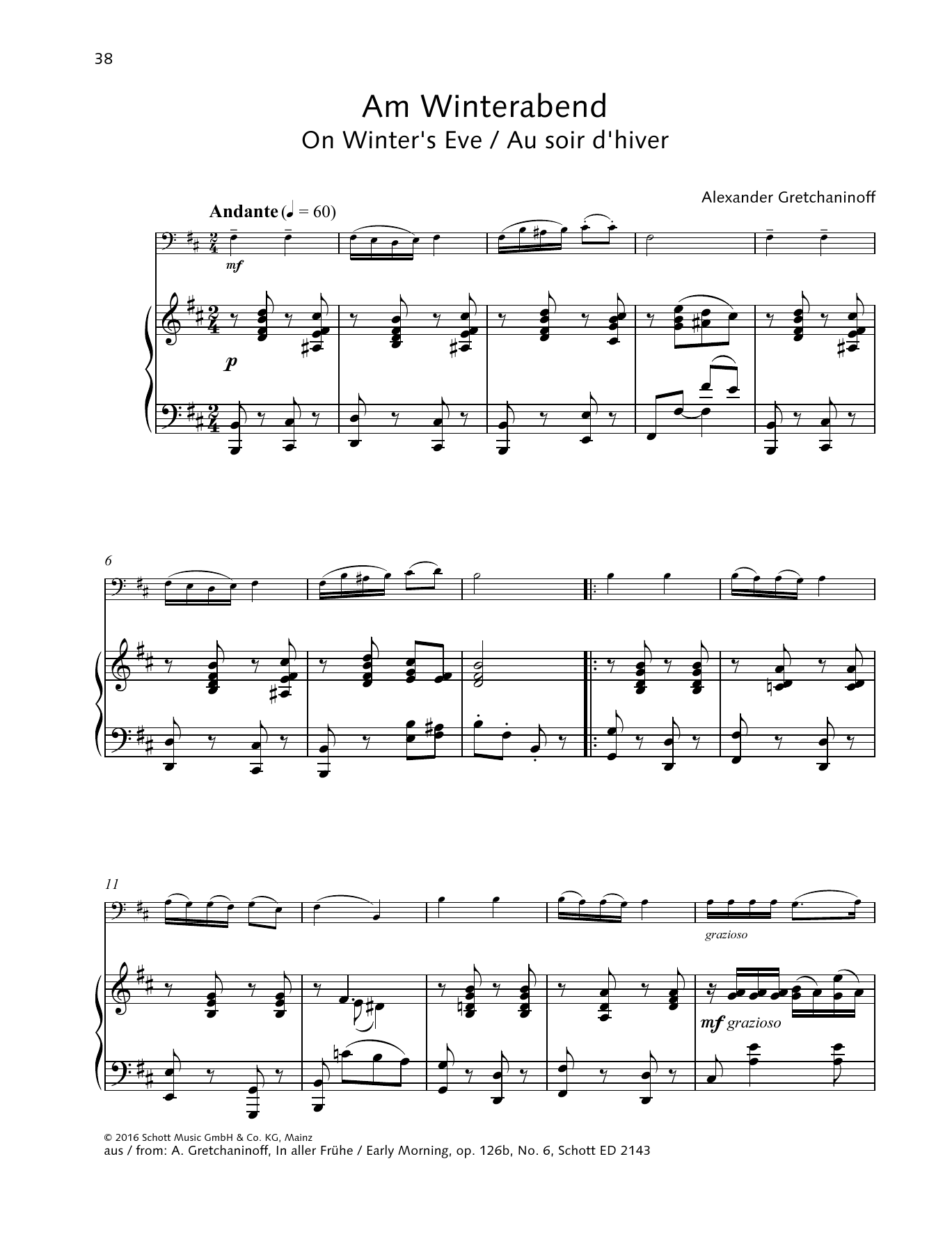 Learn to play Alexander Gretchaninoff On Winter's Eve sheet music for String Solo in minutes. Alexander Gretchaninoff On Winter's Eve sheet music preview music notes and score for String Solo including 3 page(s)