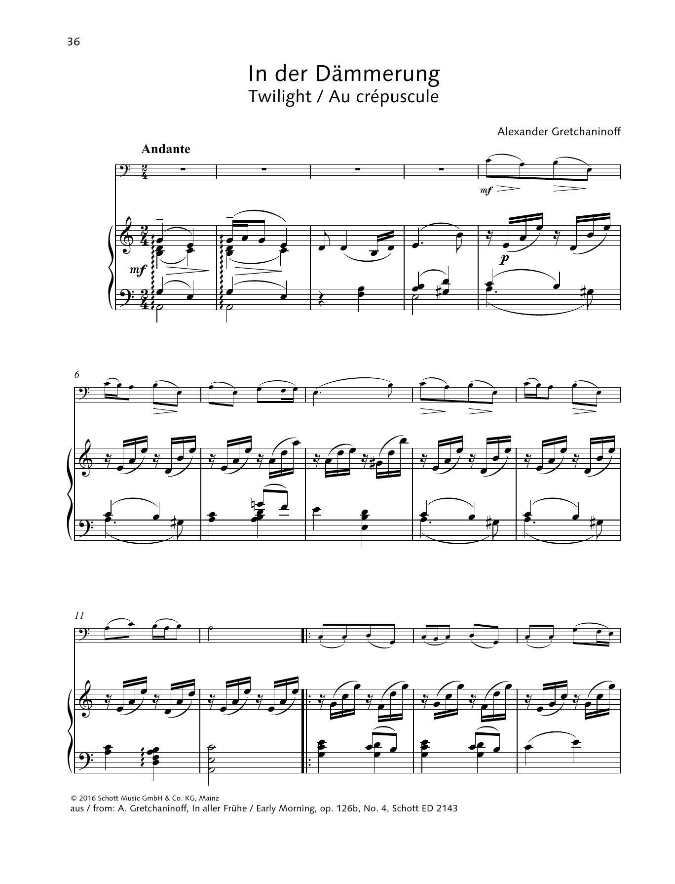 Learn to play Alexander Gretchaninoff Twilight sheet music for String Solo in minutes. Alexander Gretchaninoff Twilight sheet music preview music notes and score for String Solo including 3 page(s)