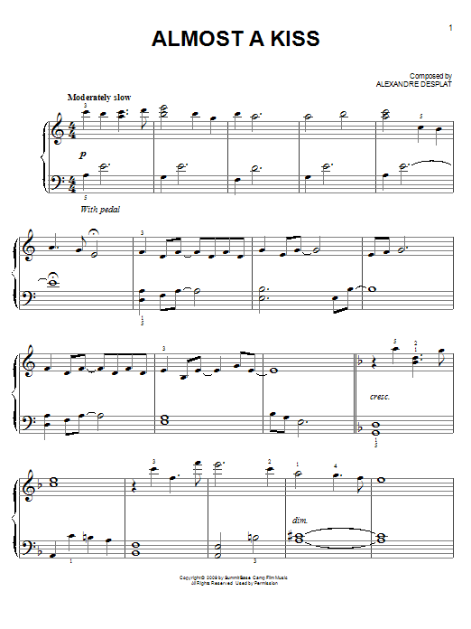Learn to play Alexandre Desplat Almost A Kiss sheet music for Piano in minutes. Alexandre Desplat Almost A Kiss sheet music preview music notes and score for Piano including 3 page(s)