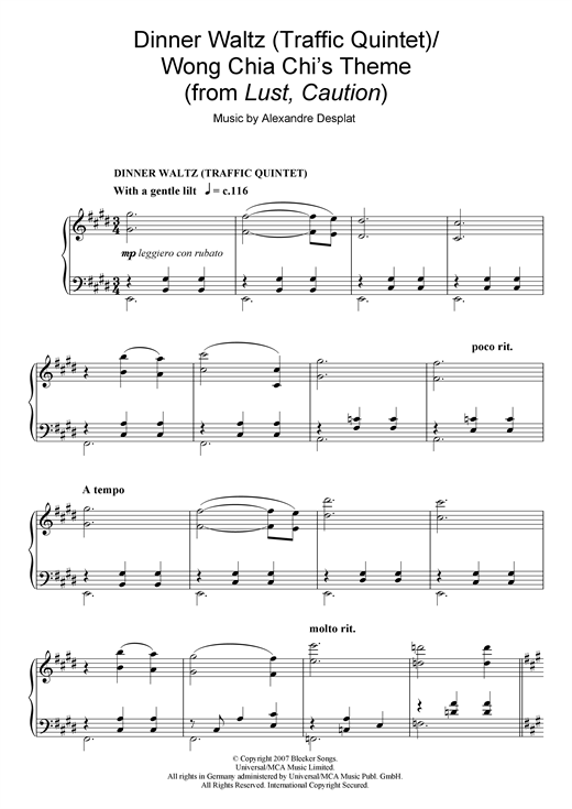 Alexandre Desplat Dinner Waltz Traffic Quintet Wong Chia Chi S Theme Sheet Music Download Printable Pdf Film Tv Music Score For Piano Solo 103883