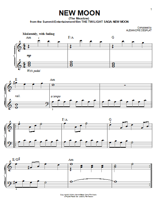 Learn to play Alexandre Desplat New Moon (The Meadow) sheet music for Piano, Vocal & Guitar (Right-Hand Melody) in minutes. Alexandre Desplat New Moon (The Meadow) sheet music preview music notes and score for Piano, Vocal & Guitar (Right-Hand Melody) including 9 page(s)