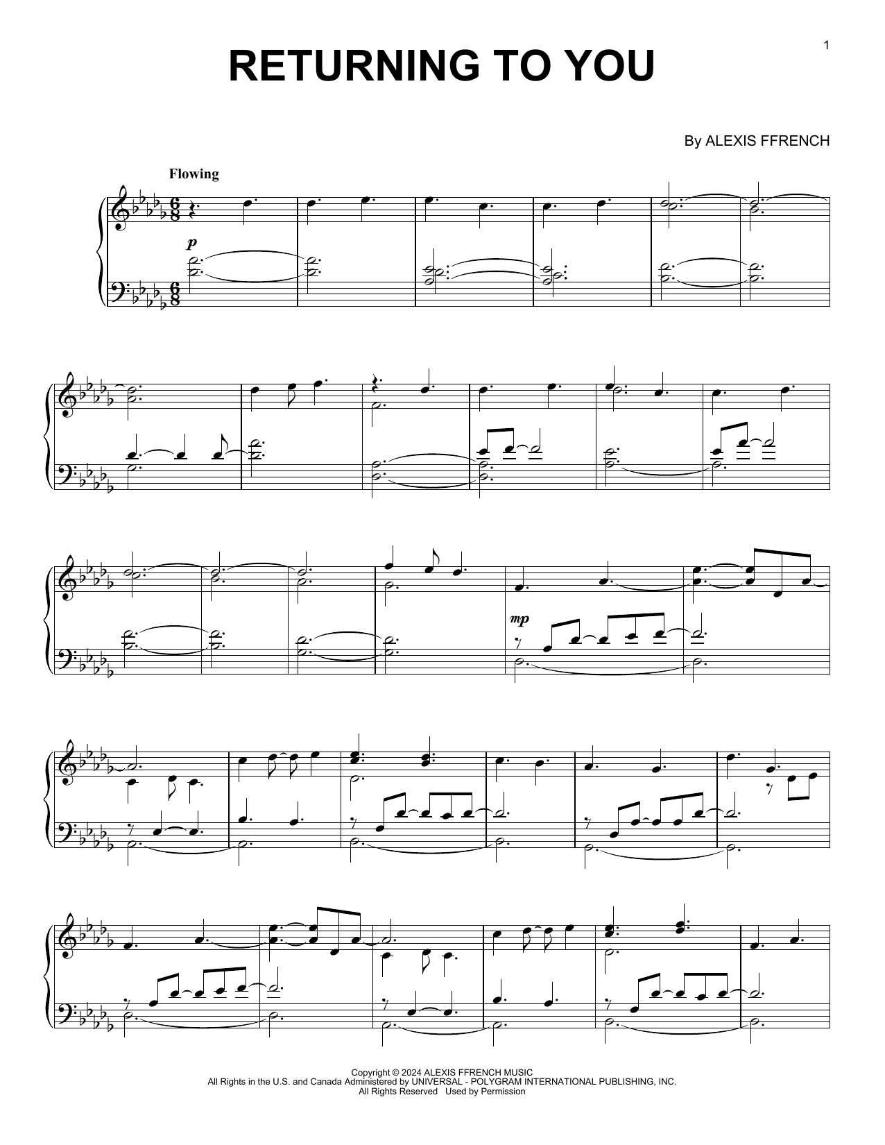 Alexis Ffrench Returning To You sheet music, chords, lyrics - Printable PDF for Piano Solo