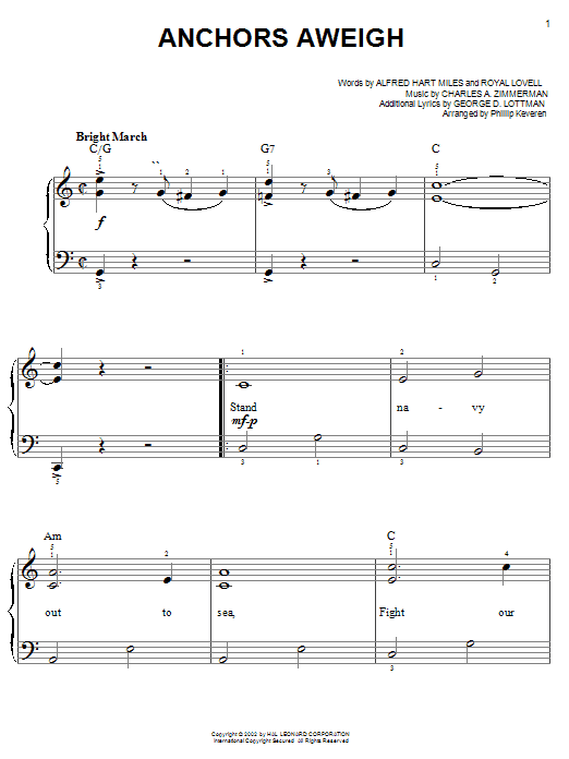 Learn to play Alfred Hart Miles Anchors Aweigh sheet music for Piano, Vocal & Guitar (Right-Hand Melody) in minutes. Alfred Hart Miles Anchors Aweigh sheet music preview music notes and score for Piano, Vocal & Guitar (Right-Hand Melody) including 3 page(s)
