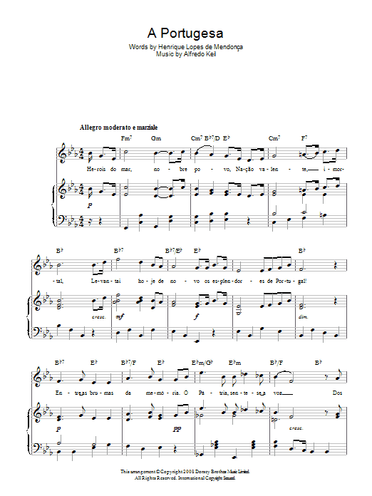 Alfredo Keil A Portugesa (Portuguese National Anthem) sheet music, chords, lyrics - Printable PDF for Piano, Vocal & Guitar (Right-Hand Melody)