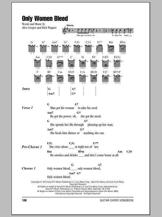 Alice Cooper Only Women Bleed sheet music preview music notes and score for Guitar Tab including 9 page(s)