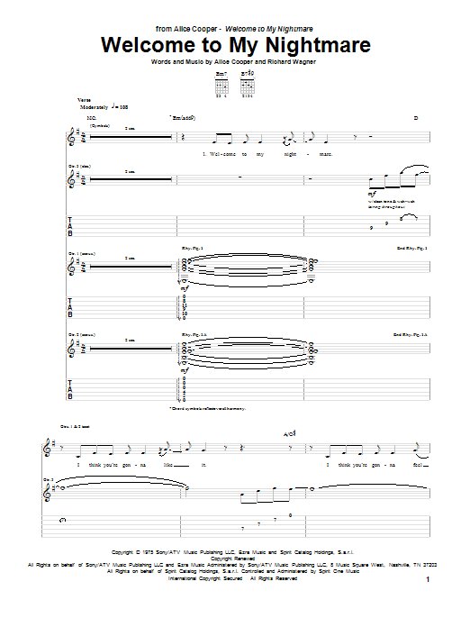 Learn to play Alice Cooper Welcome To My Nightmare sheet music for Guitar Tab in minutes. Alice Cooper Welcome To My Nightmare sheet music preview music notes and score for Guitar Tab including 13 page(s)