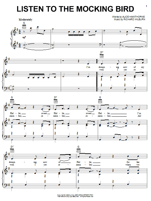 Learn to play Alice Hawthorne Listen To The Mocking Bird sheet music for Easy Piano in minutes. Alice Hawthorne Listen To The Mocking Bird sheet music preview music notes and score for Easy Piano including 2 page(s)