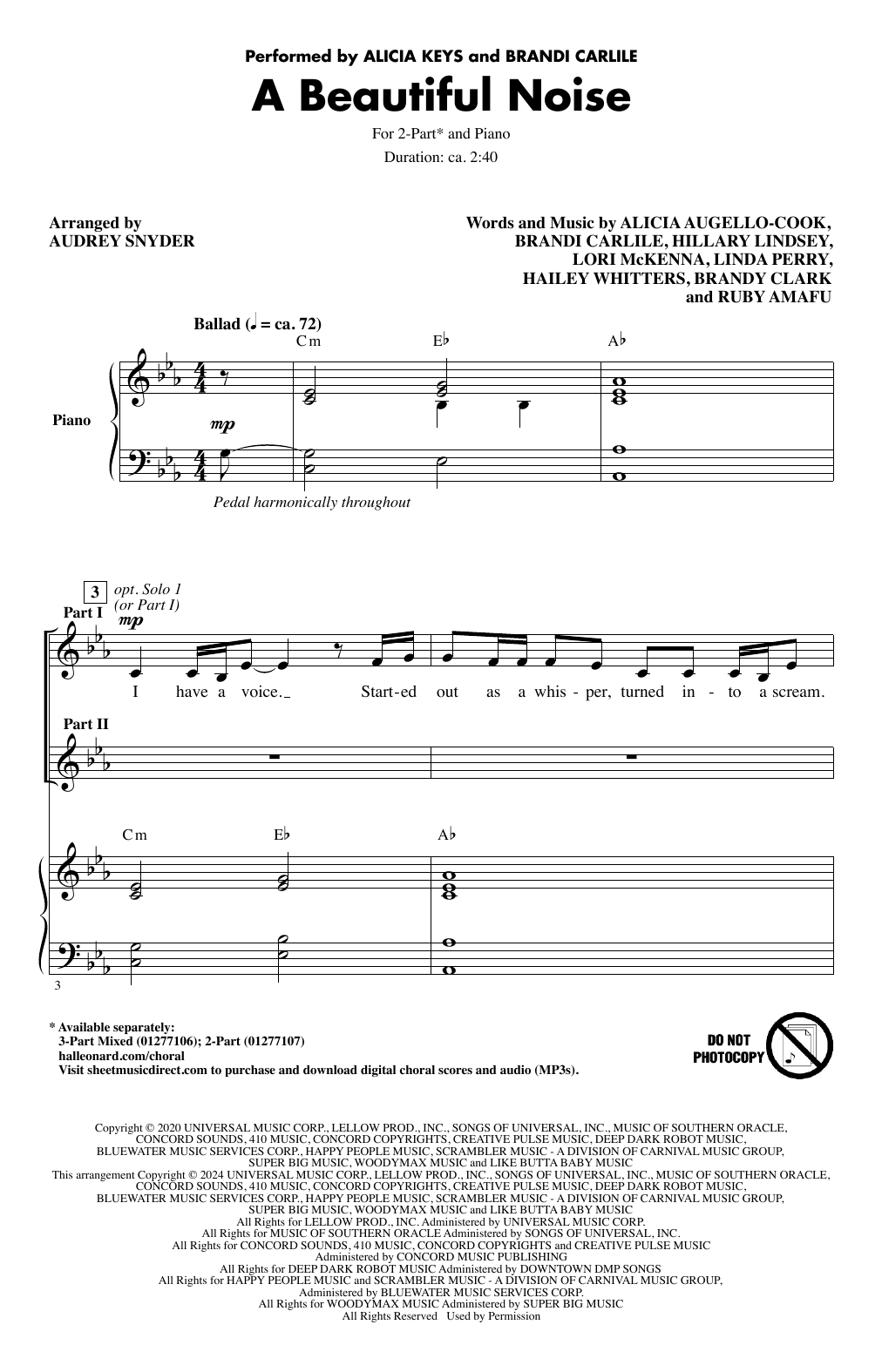 Alicia Keys & Brandi Carlile A Beautiful Noise (arr. Audrey Snyder) sheet music, chords, lyrics - Printable PDF for 2-Part Choir