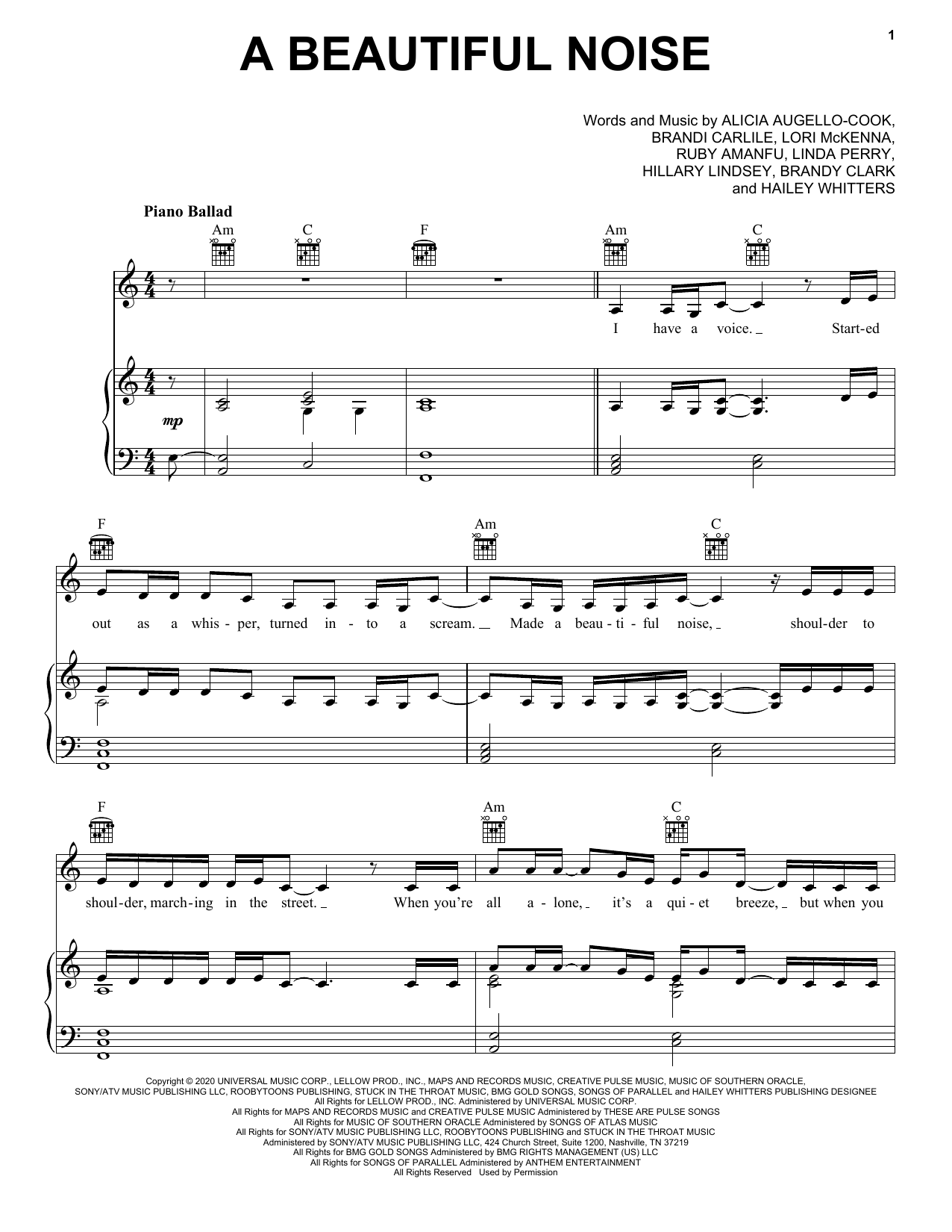 Alicia Keys & Brandi Carlile A Beautiful Noise sheet music, chords, lyrics - Printable PDF for Piano, Vocal & Guitar (Right-Hand Melody)