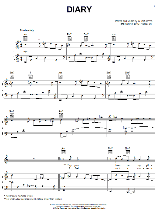 Learn to play Alicia Keys Diary sheet music for Piano, Vocal & Guitar (Right-Hand Melody) in minutes. Alicia Keys Diary sheet music preview music notes and score for Piano, Vocal & Guitar (Right-Hand Melody) including 7 page(s)