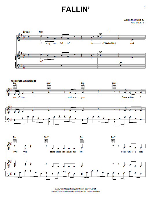 Learn to play Alicia Keys Fallin' sheet music for Piano, Vocal & Guitar (Right-Hand Melody) in minutes. Alicia Keys Fallin' sheet music notes and chords