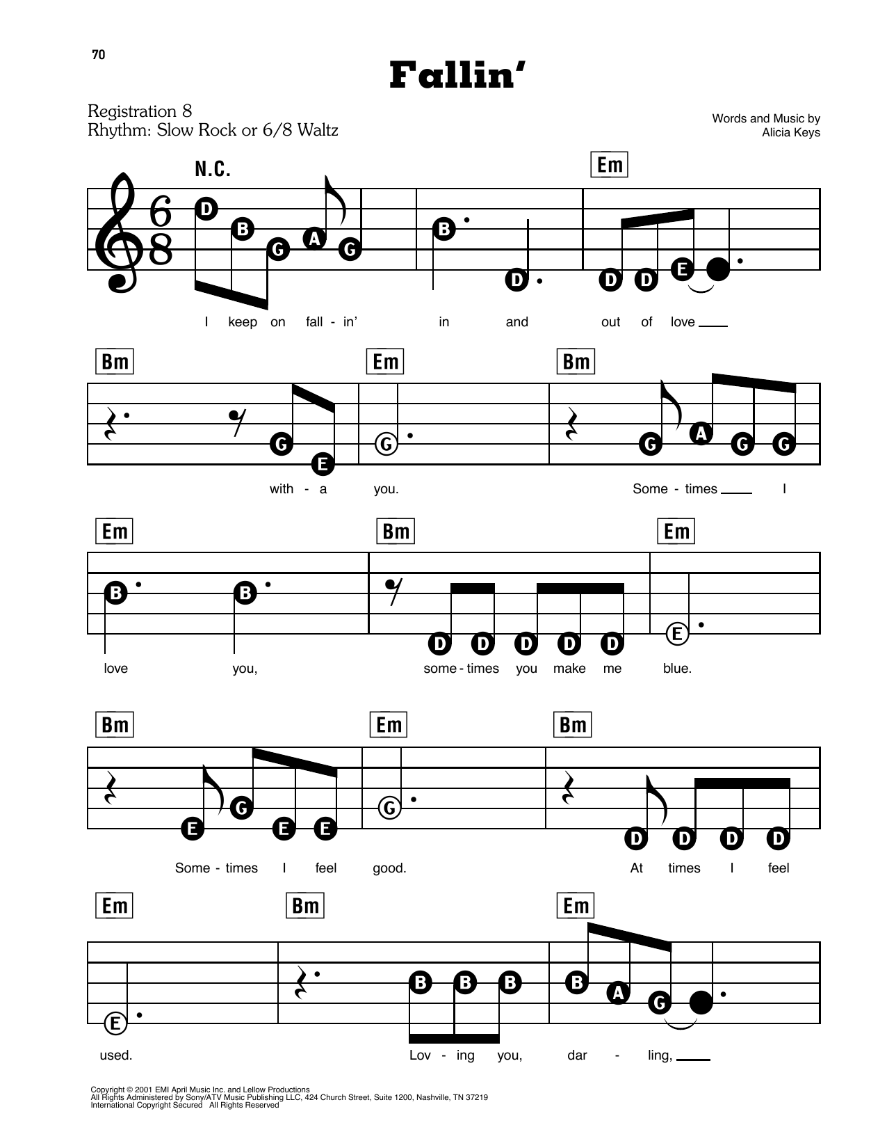 Learn to play Alicia Keys Fallin' sheet music for E-Z Play Today in minutes. Alicia Keys Fallin' sheet music preview music notes and score for E-Z Play Today including 5 page(s)