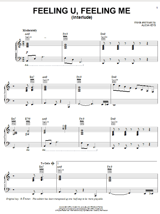 Learn to play Alicia Keys Feeling U, Feeling Me (Interlude) sheet music for Piano, Vocal & Guitar (Right-Hand Melody) in minutes. Alicia Keys Feeling U, Feeling Me (Interlude) sheet music preview music notes and score for Piano, Vocal & Guitar (Right-Hand Melody) including 3 page(s)