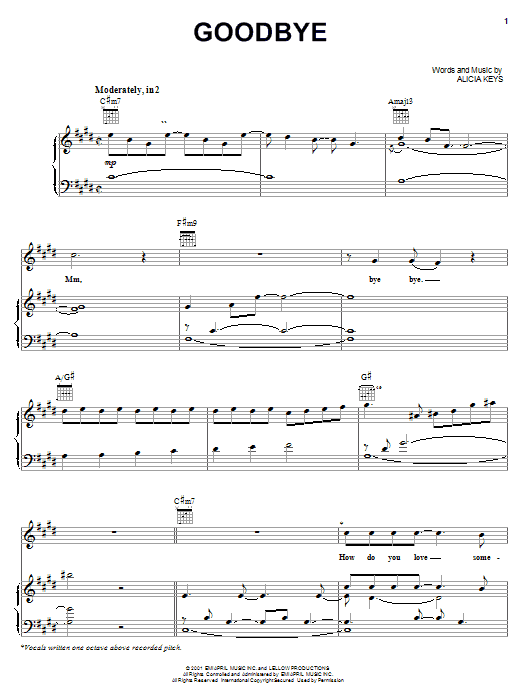 Learn to play Alicia Keys Goodbye sheet music for Easy Piano in minutes. Alicia Keys Goodbye sheet music preview music notes and score for Easy Piano including 7 page(s)
