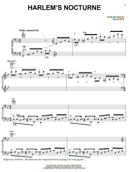 Learn to play Alicia Keys Harlem's Nocturne sheet music for Piano, Vocal & Guitar (Right-Hand Melody) in minutes. Alicia Keys Harlem's Nocturne sheet music preview music notes and score for Piano, Vocal & Guitar (Right-Hand Melody) including 5 page(s)