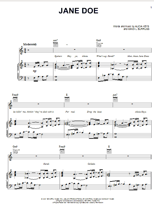 Learn to play Alicia Keys Jane Doe sheet music for Easy Piano in minutes. Alicia Keys Jane Doe sheet music notes and chords