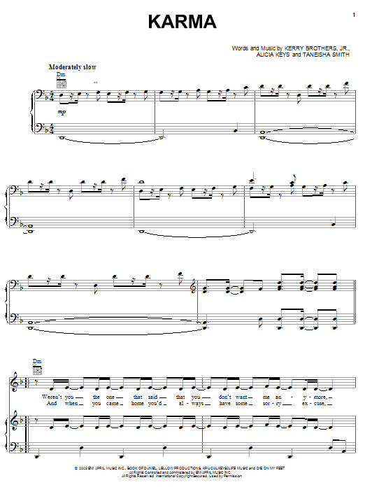 Learn to play Alicia Keys Karma sheet music for Piano, Vocal & Guitar (Right-Hand Melody) in minutes. Alicia Keys Karma sheet music preview music notes and score for Piano, Vocal & Guitar (Right-Hand Melody) including 7 page(s)